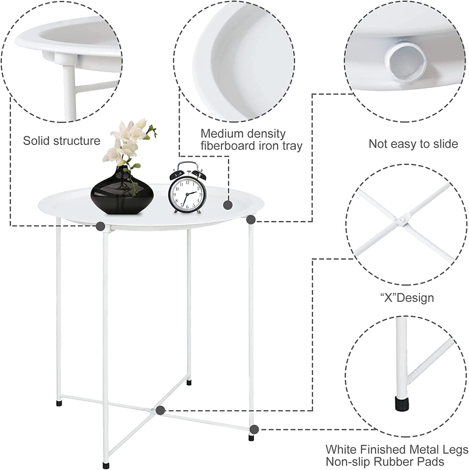 aboxoo Folding Tray Metal Side Table 2PC White Round End Table Cyan Sofa Small Accent Fold-able Table, Round End Table Tray, Next to Sofa Table, Snack Table for Living Room and Bed Room