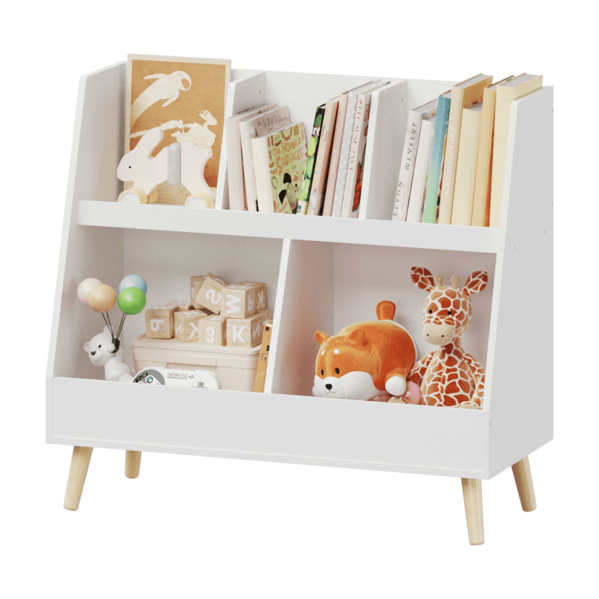 White Kids Bookshelf with 5 Cubbies, 28.54" Toy Organizer for Bedroom & Nursery, 2-Tier Storage Bookcase