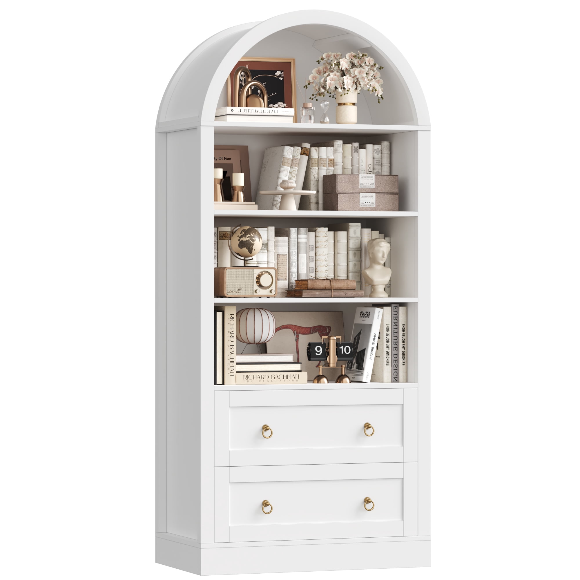 Hiphuta 70"Tall Arched Bookcase, 4-Tier Bookshelves with 2 Large Drawers, Wooden Display Shelf with Storage for Living Room Home Office, White