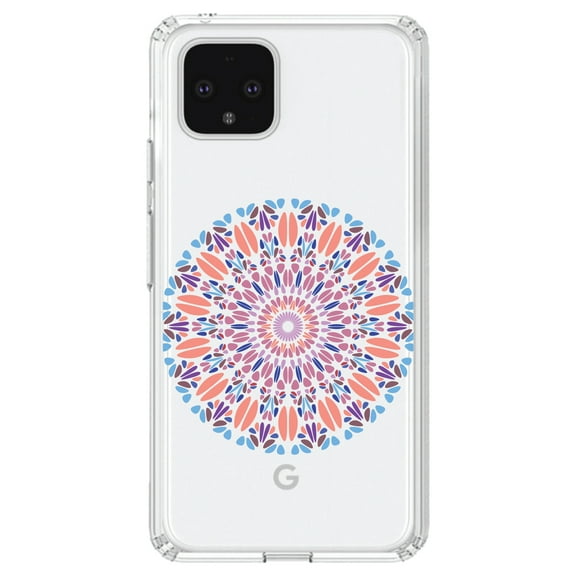 DistinctInk Clear Shockproof Hybrid Case for Google Pixel 4 (6.1" Screen) - TPU Bumper Acrylic Back Tempered Glass Screen Protector - Modern Mandala - Blue Peach Purple
