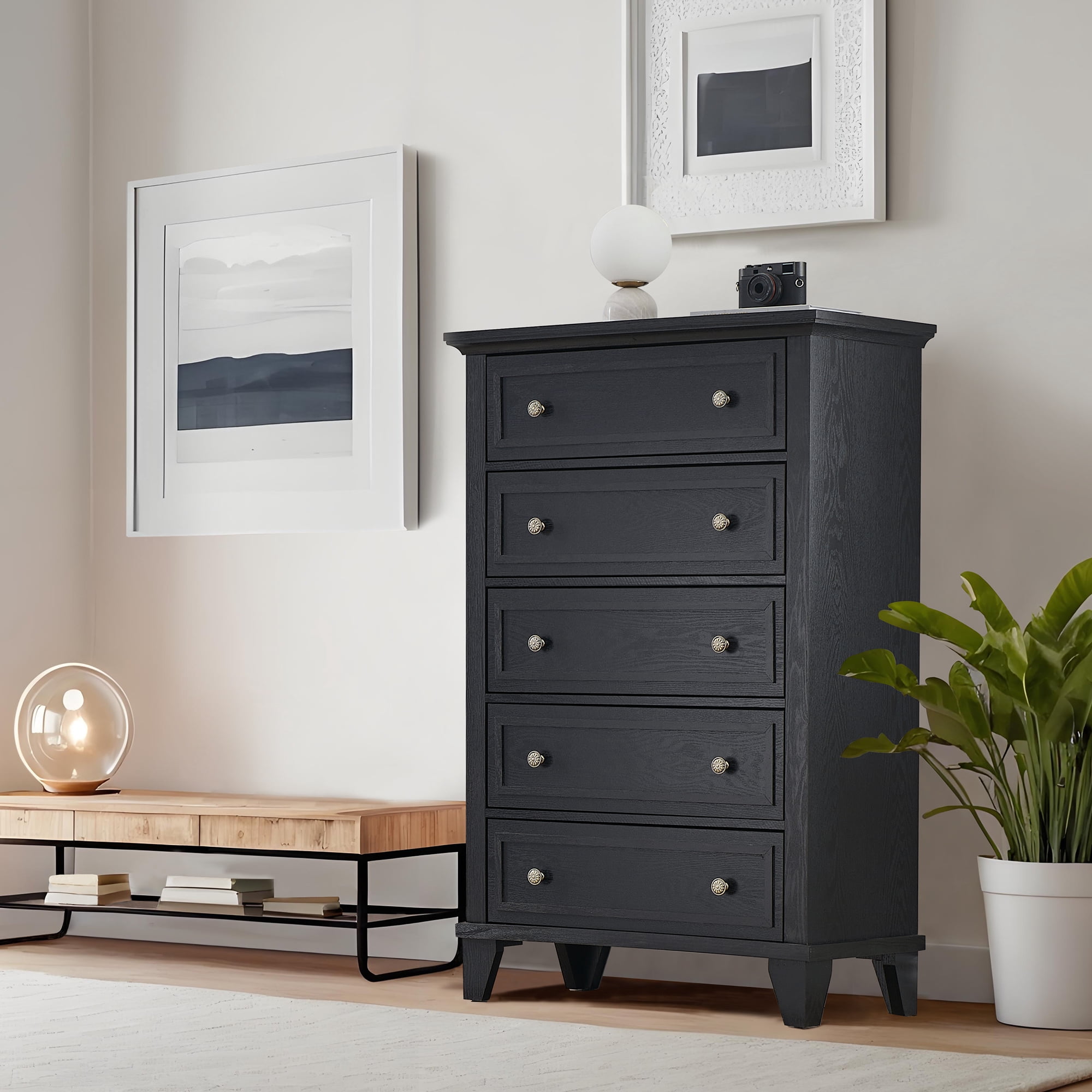 Farmhouse 5 Drawer Dresser with Vintage Wooden Finish 48 Inch Tall Storage Tower for Bedroom Closet and Living Room Organization