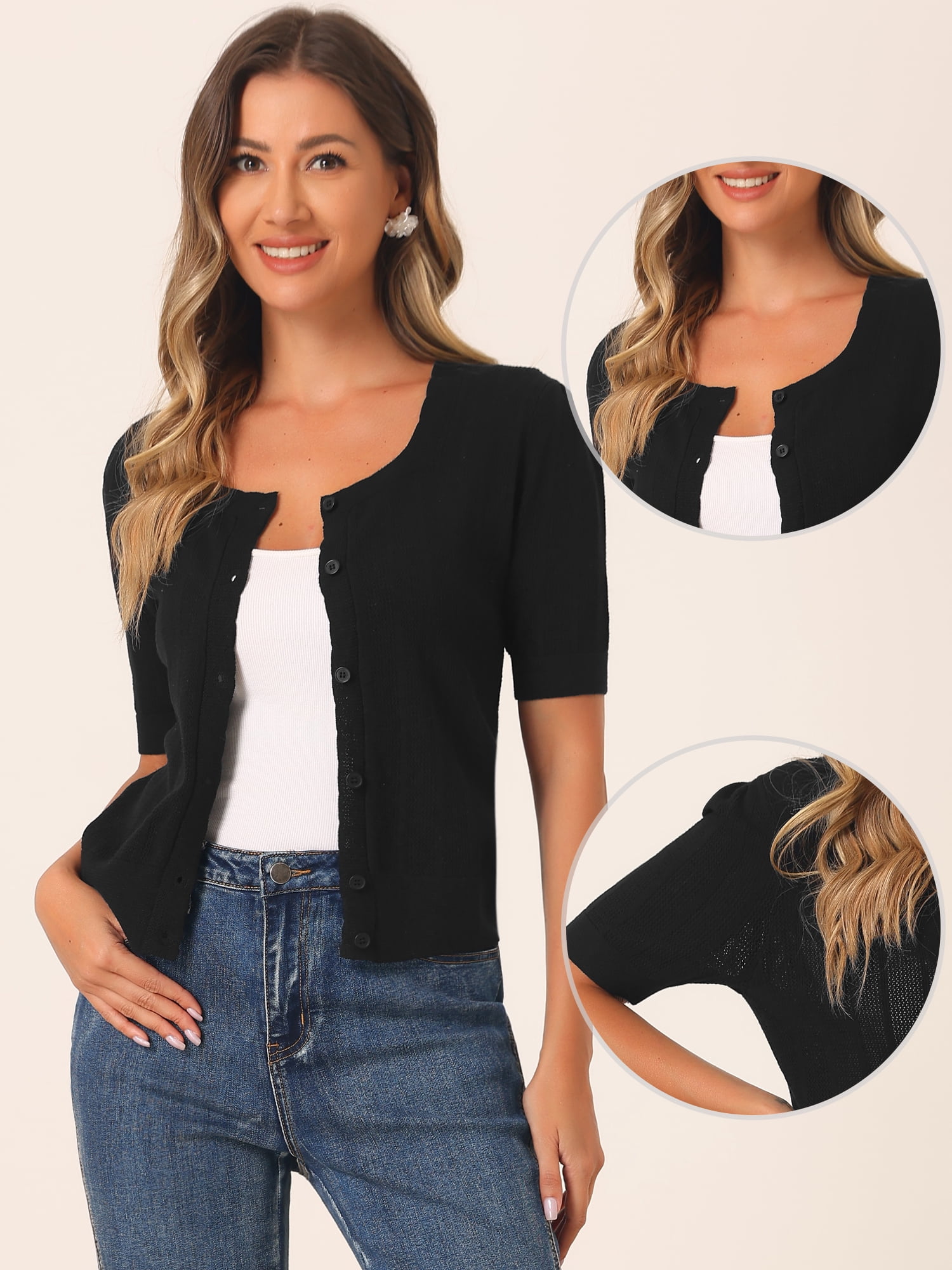 DARING DIVA Women's Vintage Bolero Cardigan Button Up Shrug Sweater L Black
