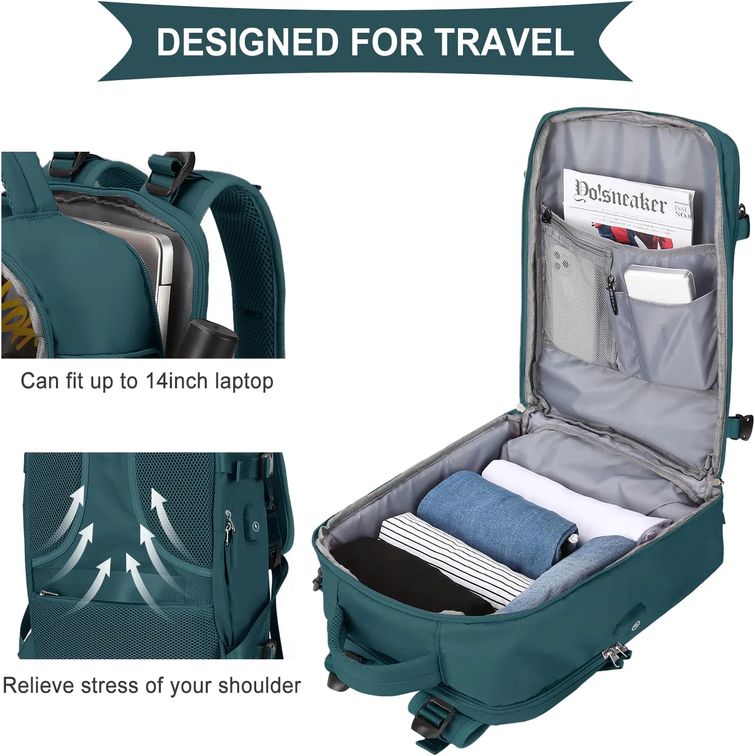 Large Travel Backpack Women, Men Carry On Backpack Men,Hiking Backpack Waterproof Outdoor Sports Casual Daypack with USB Charging Port,School Laptop Bag Peacock Blue