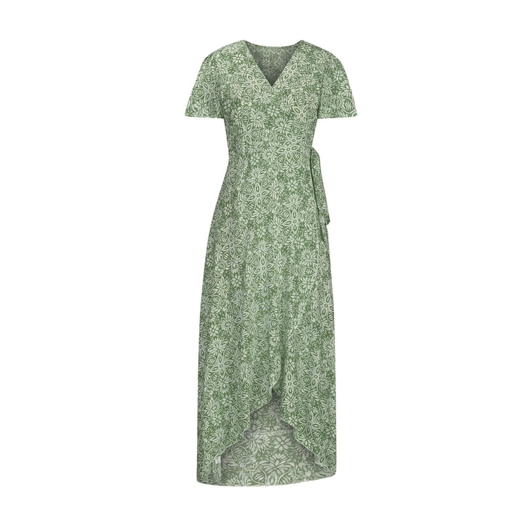 green emerald velvet dress Printed Faux Wrap Dress with Bishop Long Sleeves in Green Ivory main image 1