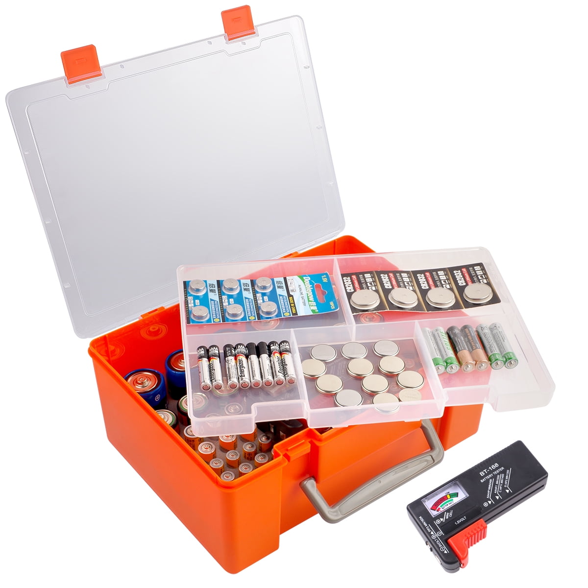 Battery Organizer Storage Holder Box Case with Tester Checker Box Only 162 Batteries Variety Pack Container Holds AA AAA 4A C D 9V 3V Lithium LR44 CR2 CR123 CR1632 CR2032 18650 Button 