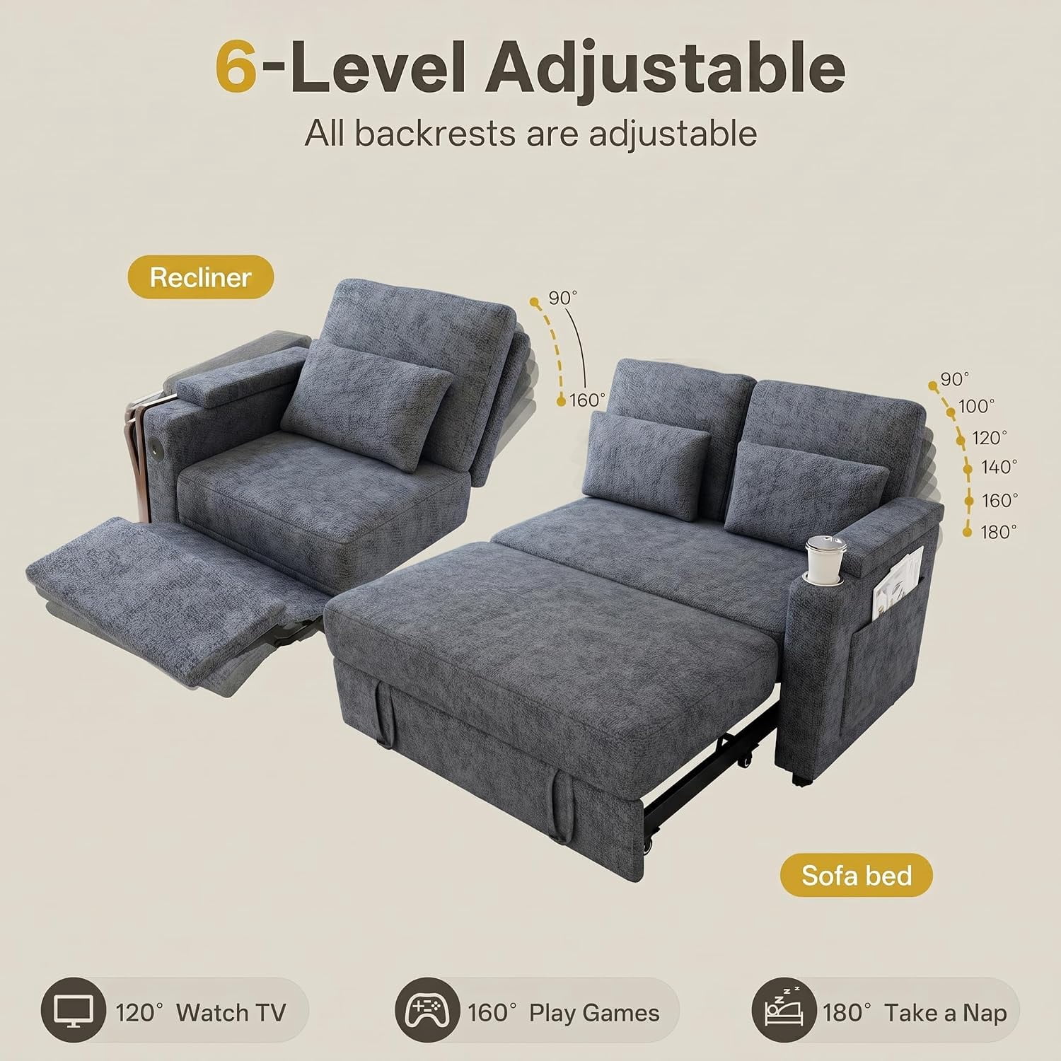 TiramisuBest 81" 3-in-1 Convertible Sleeper Sofa Bed with Power Recliner,Chenille Sofa Couch with Tray Table & USB for Living Room,Dark Gray