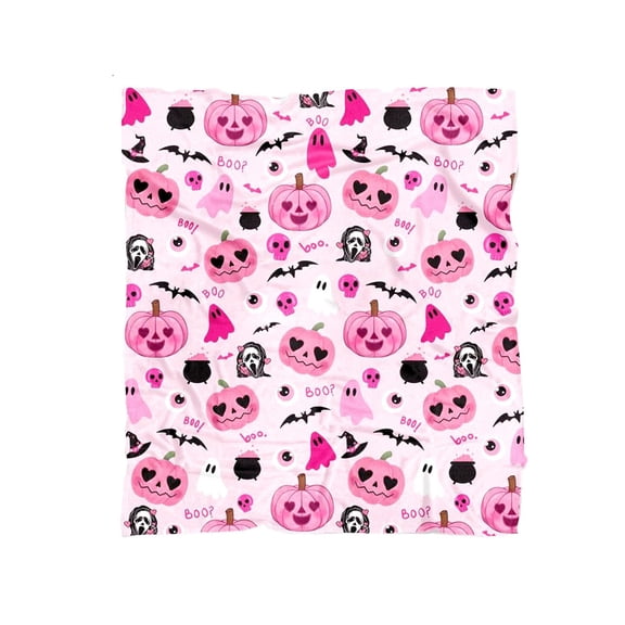 QLUEWX Pink Ghost Pumpkin Halloween Throw Blanket, Cute Bat Witch Cauldron Soft Fleece Throw Blanket, Lightweight Cozy Decor Blanket for Sofa Couch Bed, Kawaii Pastel Halloween Home Decor Gift