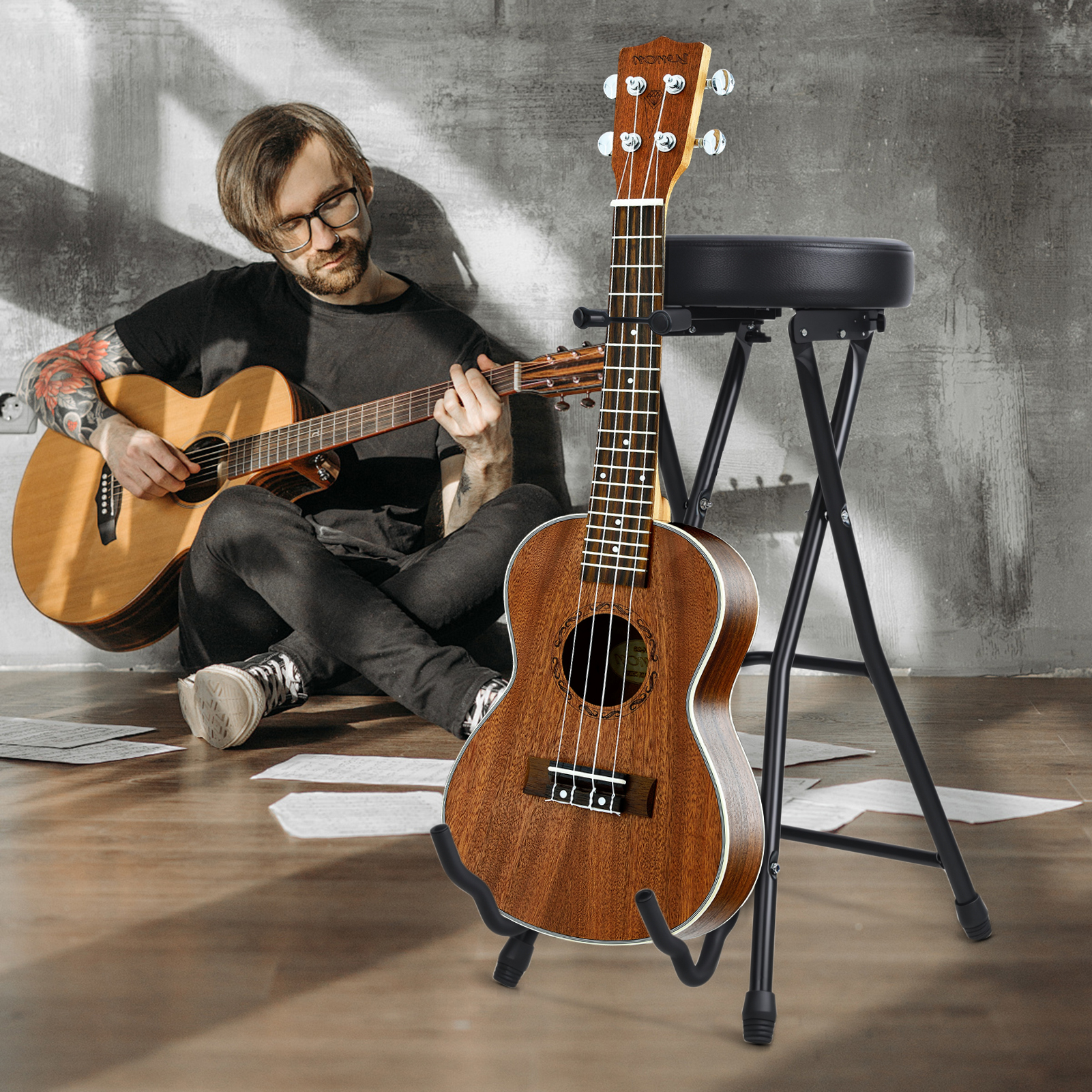 Koiauber Guitar Stool with Padded Seat,Collapsible Chair with Guitar Stand,Retractable Hook,Adult Portable Folding Stool