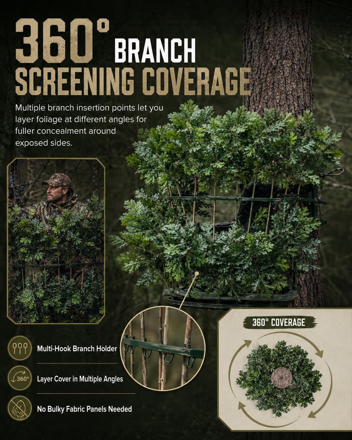 Hunting Concealment Branch Stand, Camouflage Branch Screening Holder with Realistic Oak Leaf Foliage, Tree Stand Blind Cover Camo Screen, Fast Setup Ground Tree Mount for Deer Turkey Hunting
