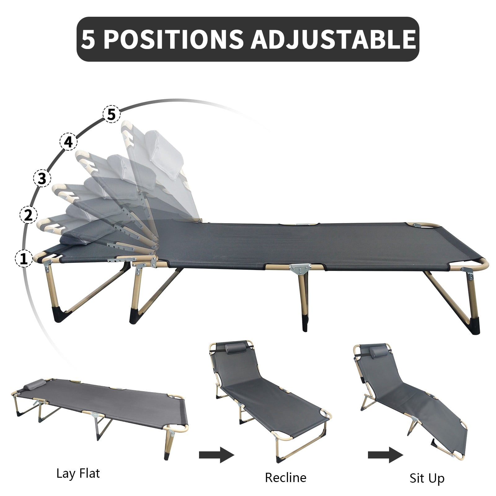 JSTUOKE 5-Fold Camping cot for Adults & Kids, Adjustable Folding Bed Reclining Folding Lounge Chairs with Pillow and Pearl cotton pad, Portable Intdoor Folding Sleeping Cots Bed