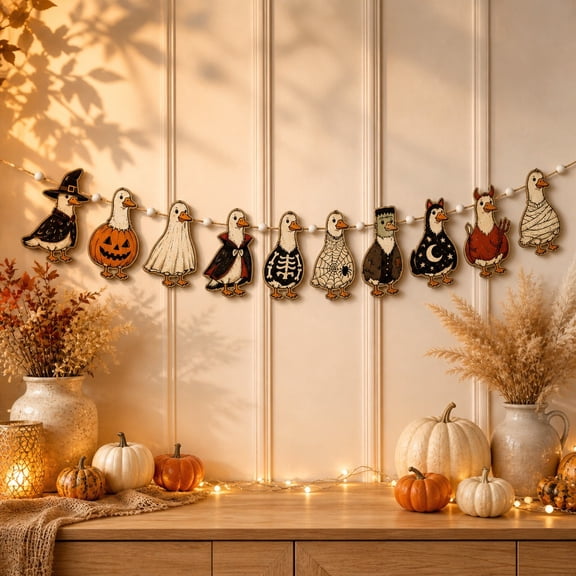 Halloween Wooden Garland Goose Wooden Mantel Hanging for Fall Party Decor