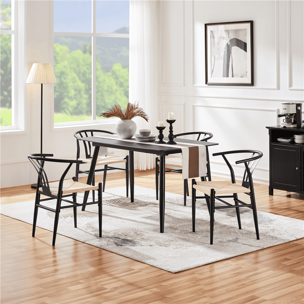 Alden Design 2PCS  Dining Chair Weave Chair with Metal Frame for Dining Room, Black