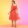 thumbnail image 3 of Globus Women Red Floral Printed Puff Sleeve Chiffon Fit & Flare Midi Dress, 3 of 5