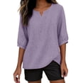 thumbnail image 6 of Notch Neck Puff Bubble 3/4 Sleeve Cotton Linen Blouse for Women Loose Fit Dressy Casual Muslin Shirt Lightweight Breathable Relaxed Fit Tunic Shirt Casual Summer Basic Linen Shirts Light Violet L, 6 of 9