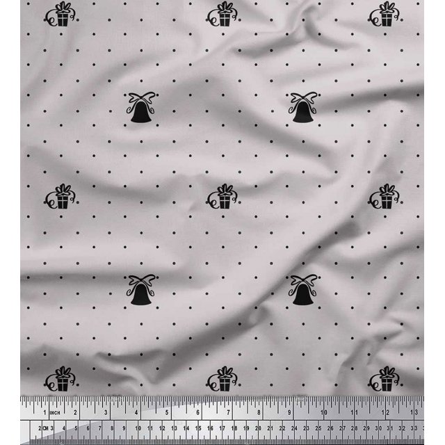 Soimoi Gray Poly Georgette Fabric Gift Box & Bell Dots Printed Fabric 1 Yard 52 Inch Wide