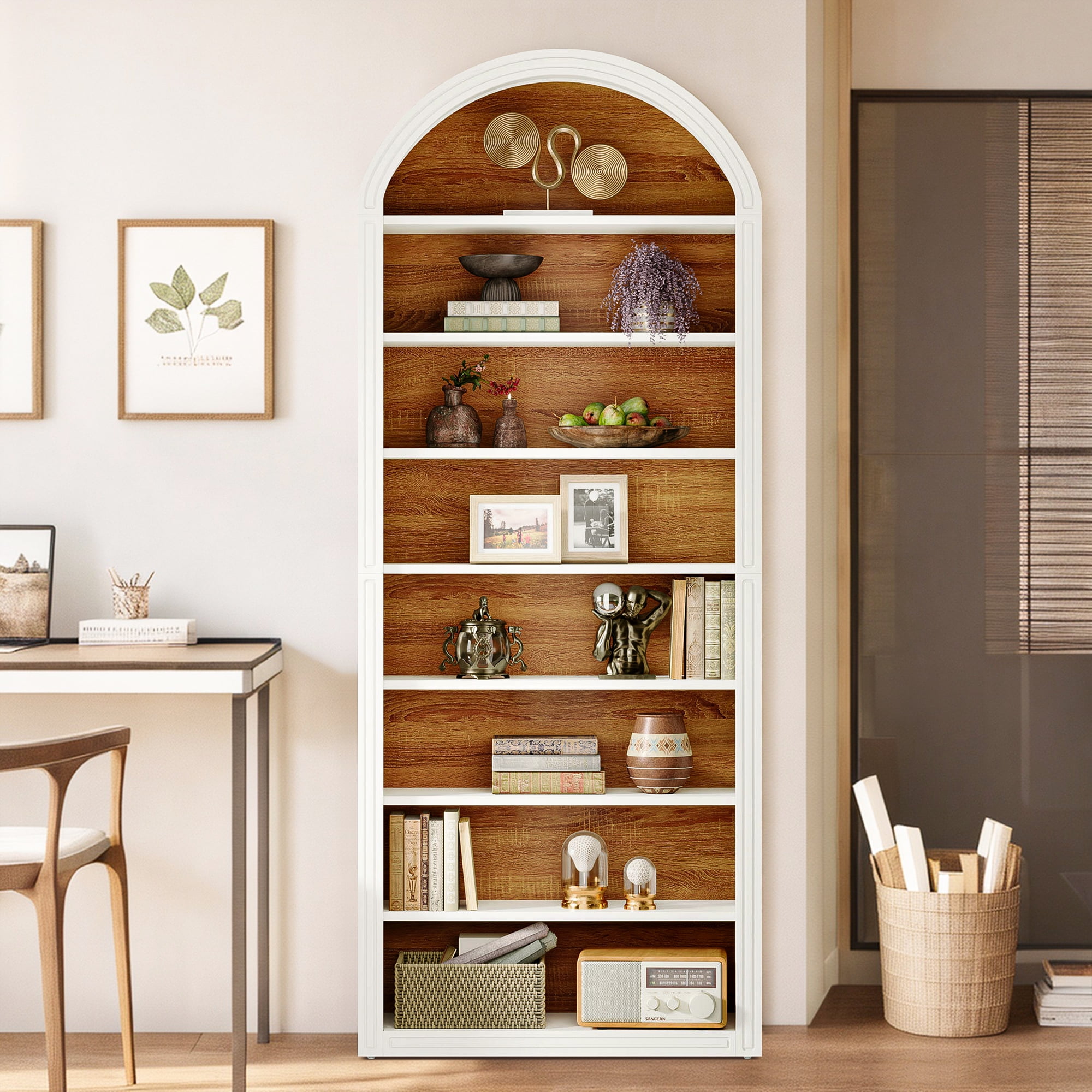 Demi Bonn 78.7" Bookshelf, 8-Tier Wooden Arched Bookcase Display Shelving Unit for Bedroom, Living Room, White