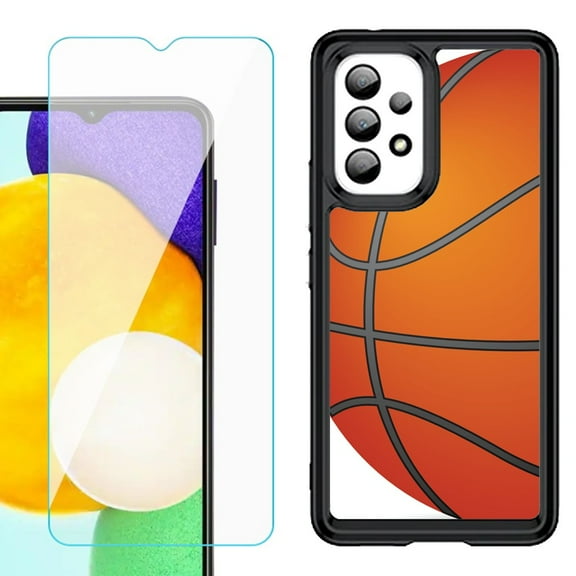 Shockproof Bumper (Black Frame) phone Case for Samsung Galaxy A23 5G, with Tempered Glass Screen Protector, by OneToughShield ® - Basketball