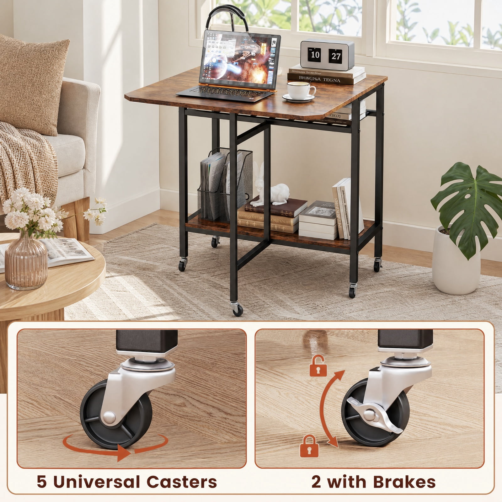 Furnibear Folding Dining Table with Expandable Laptop with Wine Rack and Wheels for Kitchen Dining Room Breakfast Nook Small Space Home, Rustic Brown