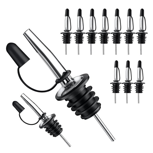 Paquete de 12 vertedores rápidos de acero inoxidable con vertedores de licor cónicos con tapa de goma, higiénicos, aptos para lavavajillas, se adapta a la mayoría de los labios de botellas clásicas