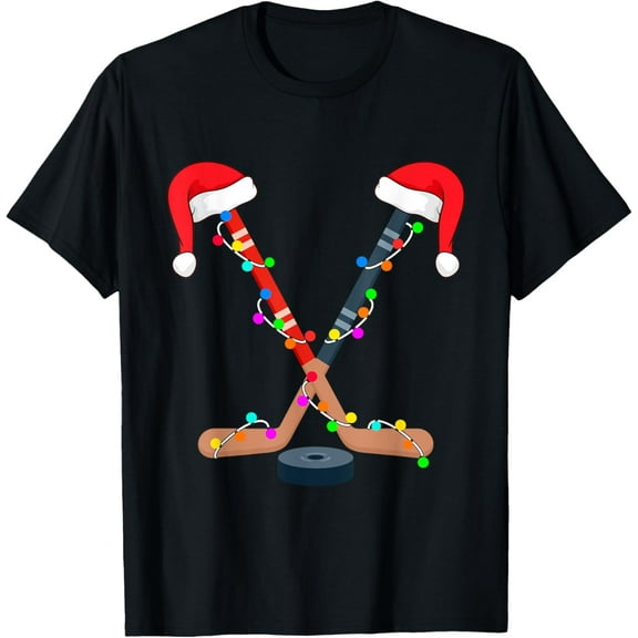 Hockey Santa Hat Christmas Lights Funny Sport Xmas Boys T-Shirt