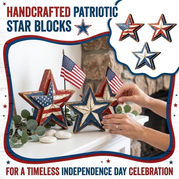 Patriotic Wooden Star Decoration with Rustic Distressed Finish and Standing Base, Set of 3, Red White and Blue, for 4Th of July Home Display