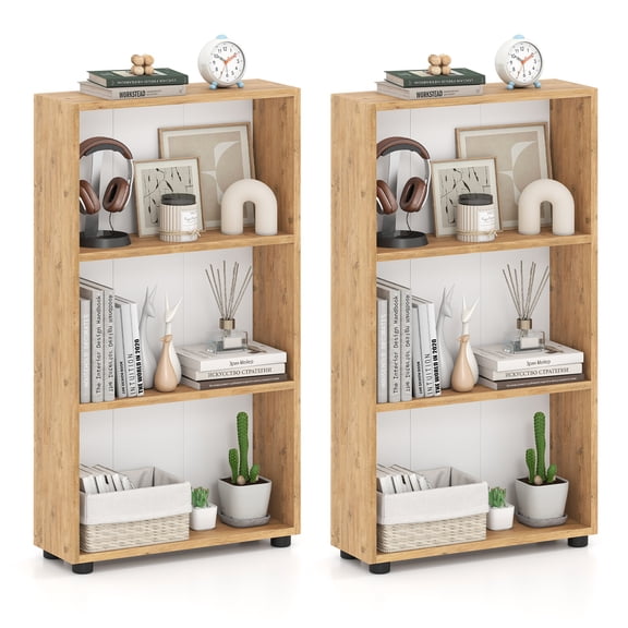 Gymax 2PCS Bookshelf 3-Tier Bookcase w/Anti-Tipping Kit for Living Room Home Office Brown