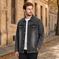 thumbnail image 2 of Fengqque Men's Long Sleeve Vintage Washed Denim Jacket, Lapel Collar Button Down Loose Fit Coat with Chest Pocket Dark Gray L, 2 of 5