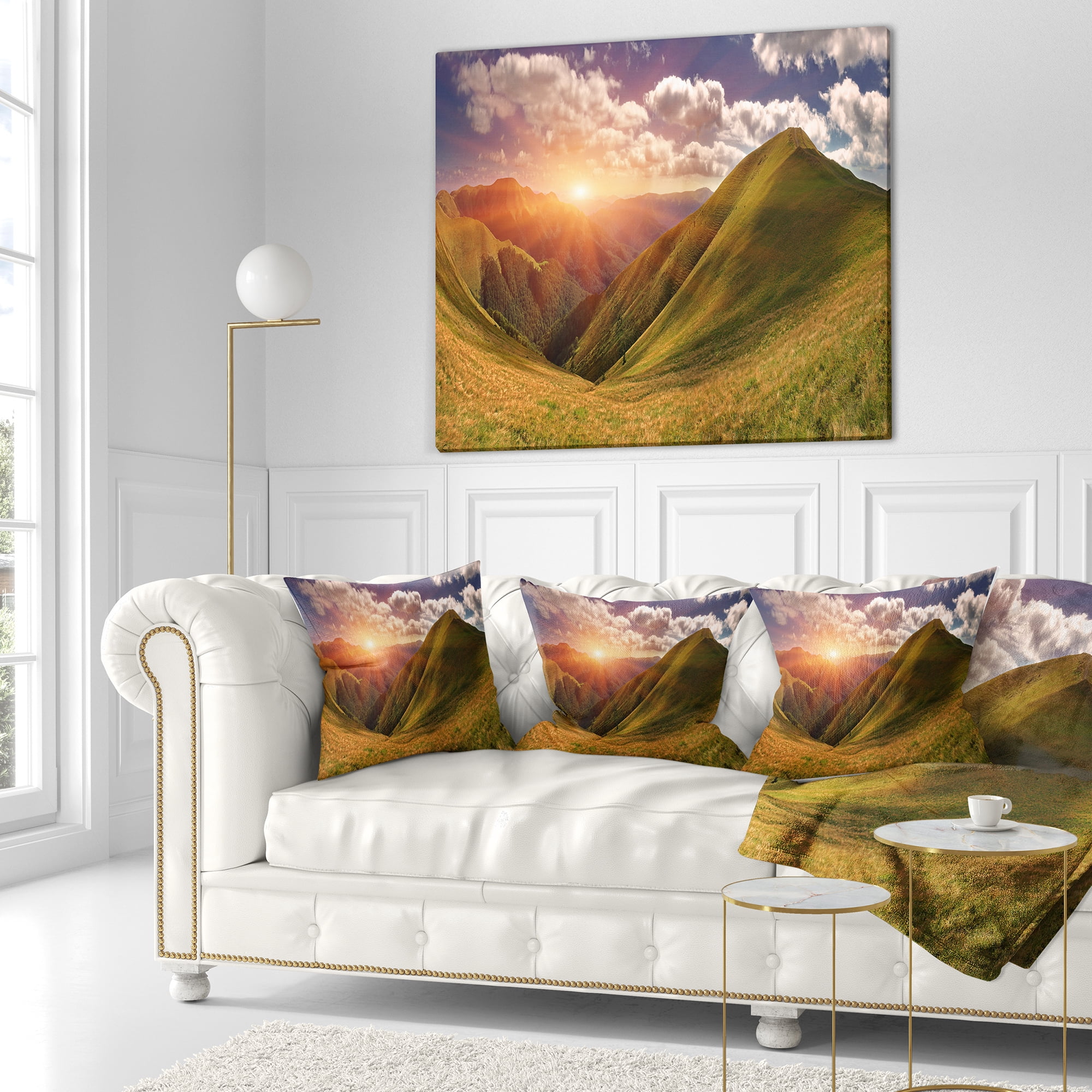 Designart Sunrise Over Green Mountains - Landscape Photo Throw Pillow - 16x16