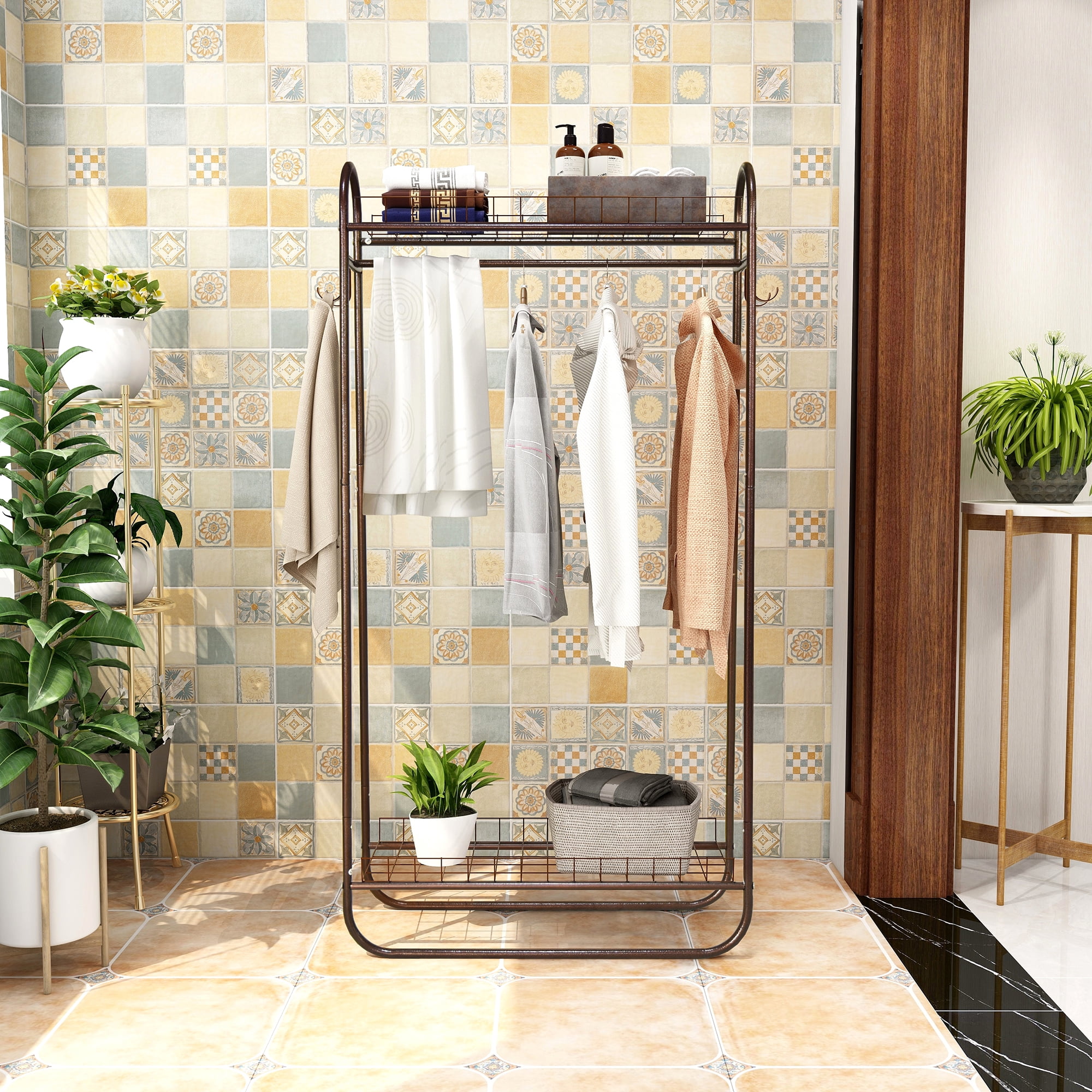 Heavy Duty Rolling Garment Rack, Freestanding Metal Clothing Rack with Hanging Rod & Double Shelves, Portable Wardrobe Organizer for Bedroom Laundry Room