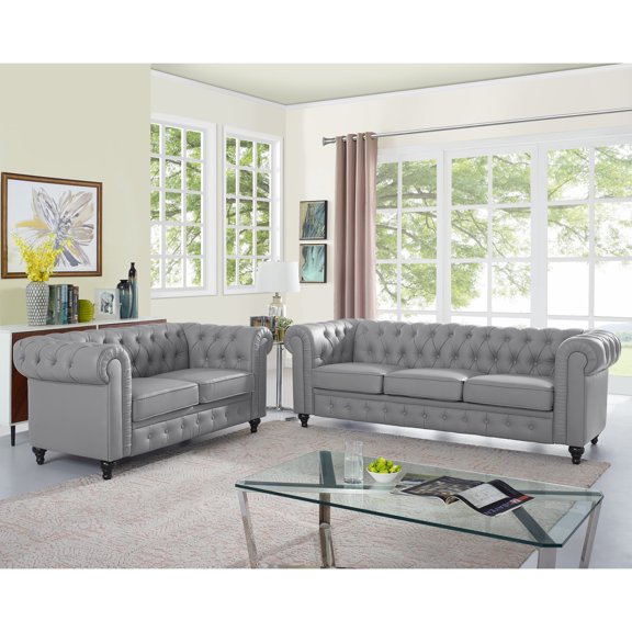 Naomi Home 3-Pcs Modern Faux Leather Chesterfield Living Room Furniture Set, Gray
