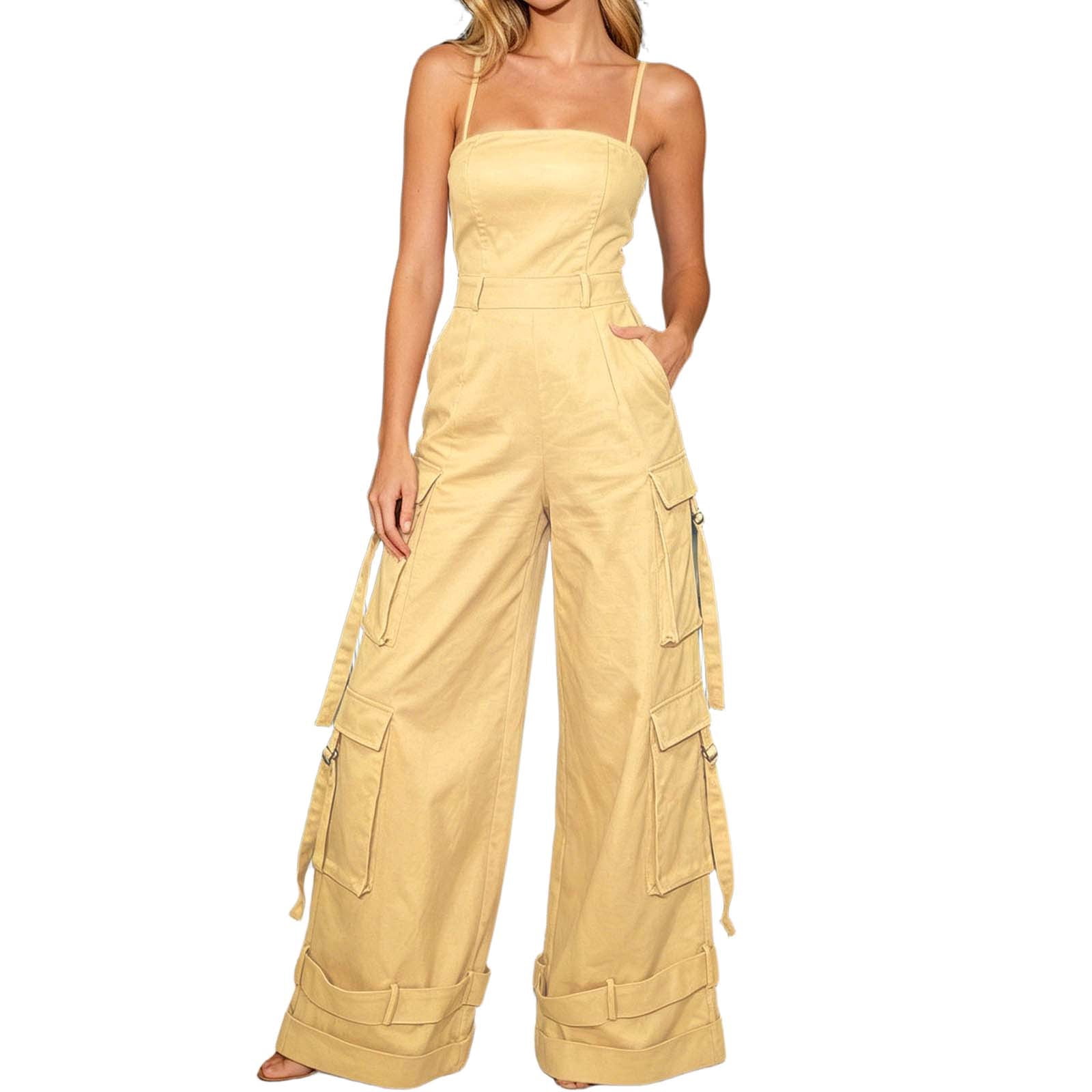 Summer Jumpsuit Women Strapless Wide Leg Romper Multiple Pockets Solid Color Beach Vacation Breezy Effortless