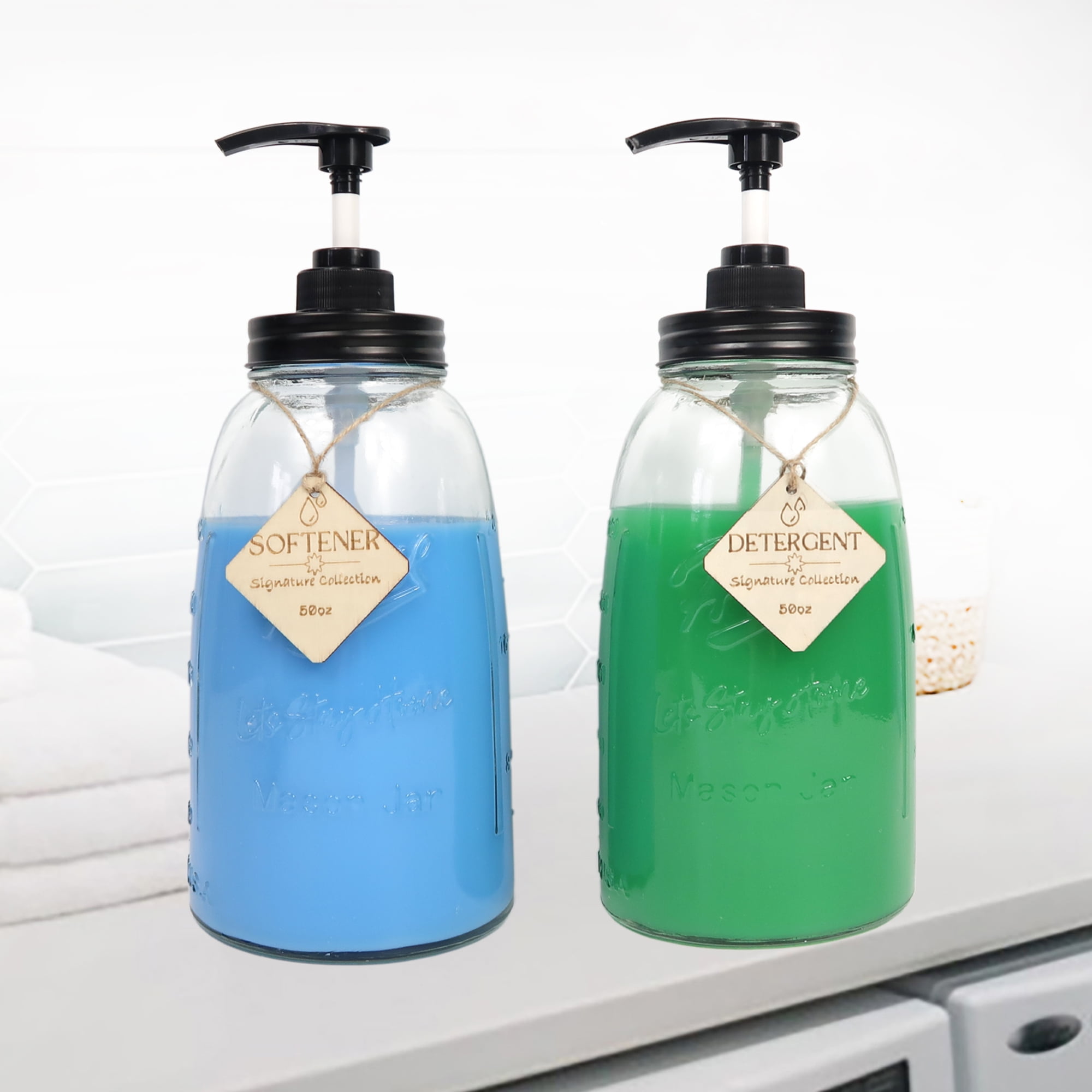 Glass Liquid Laundry Detergent Dispenser, 2x50oz Farmhouse Mason Jar Style Refillable & Reusable Laundry Bath Dish Soap Storage Containers