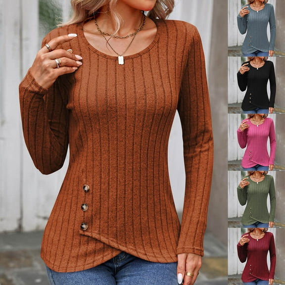 YHAJDS Winter Casual Blouse Top for Women,Women's Long Sleeve Tops Womens Casual Long Sleeve Sweatshirt Solid Color Crew Neck Knit Pullover Top For Winter