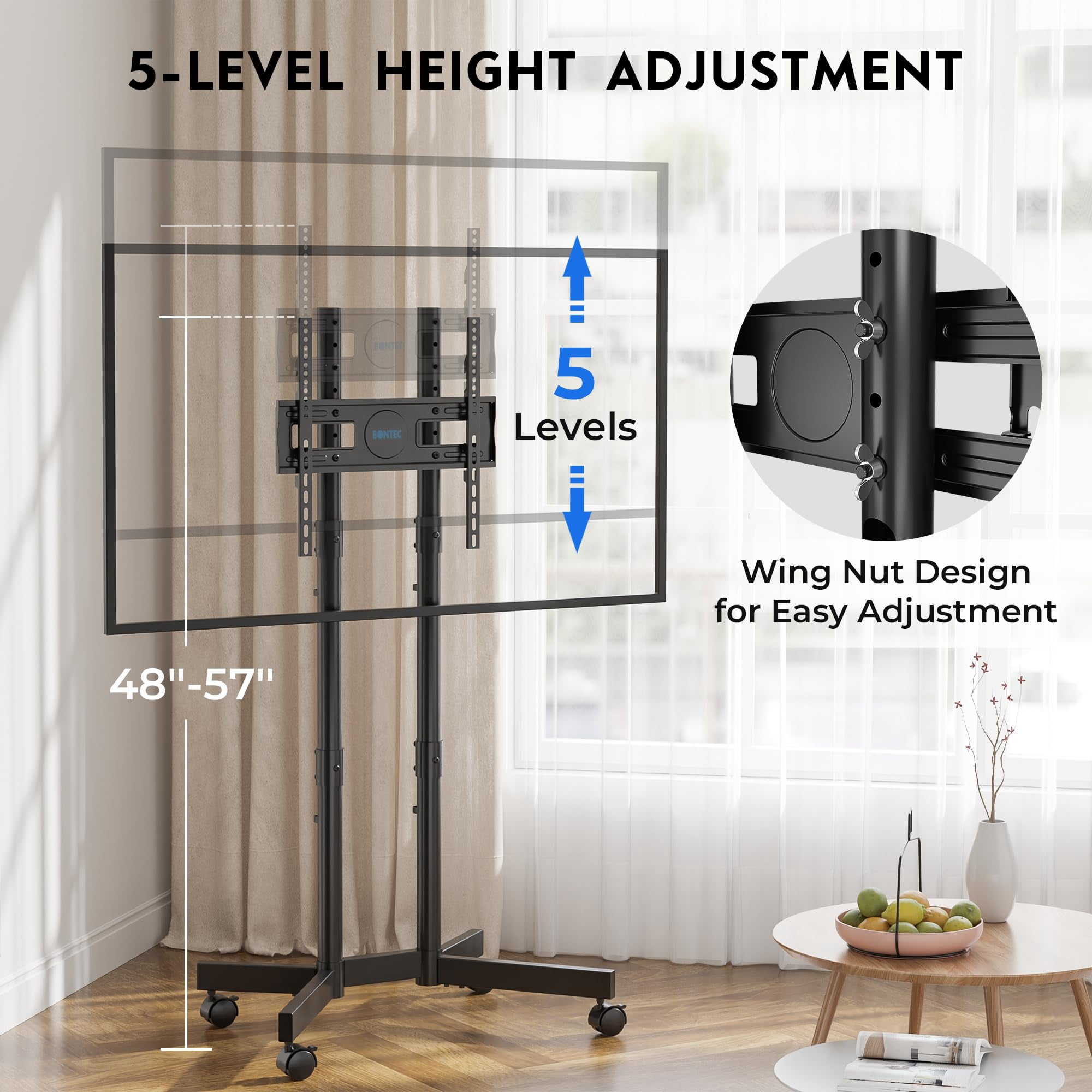 BONTEC Rolling TV Stand for 32-75 Inch TVs, Height Adjustable Mobile TV Cart on Wheels, Heavy Duty TV Stand Supports Up to 110lbs, Stable Dual-Column Design, Cable Management, Indoor, Outdoor