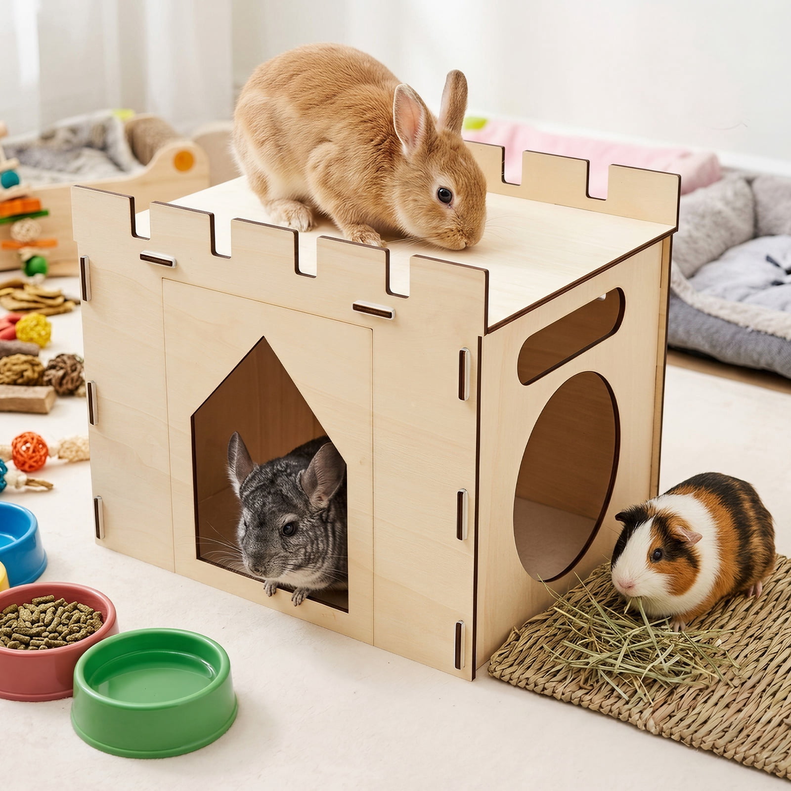 Wooden Bunny Castle House Easy Assembly Large Rabbit Hideout House Detachable Rabbit Castle Playhouse for Guinea Pig Chinchilla Gift for Rabbit Lover Wood