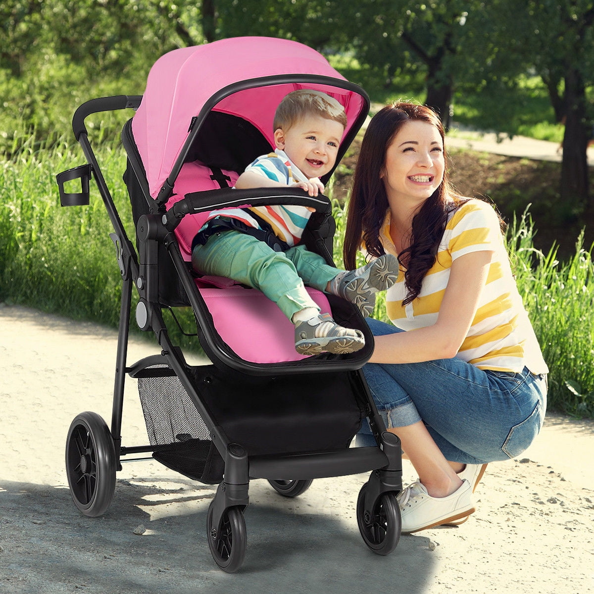 Costway Foldable Baby Stroller 2 in1 Newborn Infant Travel Buggy Pushchair Pink