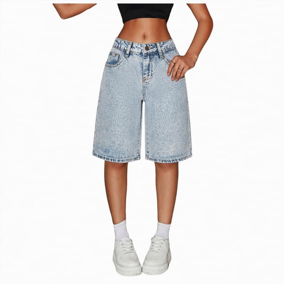 ZHANGDER Girls Jean Shorts Baggy Wide Leg Cute Retro Washed Denim Shorts for Teen Girl Trendy Y2K Distressed Streetwear, Blue 14 Years