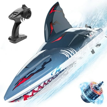DEERC Fast Brushless RC Shark Boat for Adults, 30 MPH 3S High Speed Remote Control Boat, Self-righting 2.4Ghz Speed Boat with LED Lights, Summer Toy Gift for Kids
