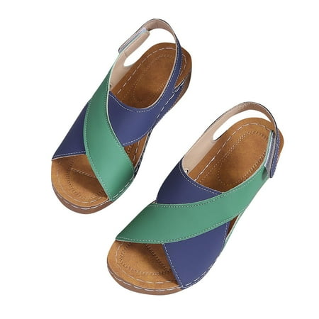 Winter Savings Holiday Deals 2024! Antqov Womens Sandals Comfortable Sandals for Women Flats Fashion Women Patchwork Casual Beach Summer Slippers Plus Size Sandals Shoes Green 5.5