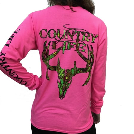 Safety Tip - Country Life Camo Deer Skull Safety Pink Long Sleeve Shirt (Medium)