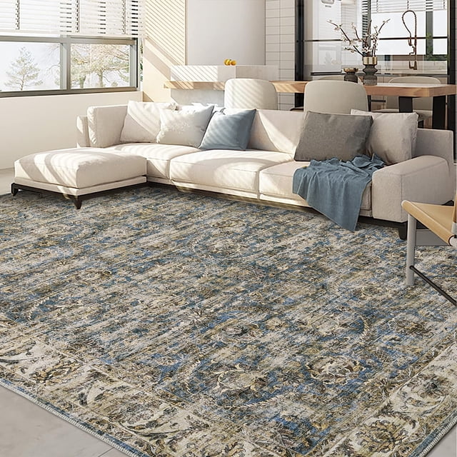 Hasoo Large 8' x 10' Modern Rug for Dining Room Floral Pattern Soft Polyester Indoor Carpet, Blue
