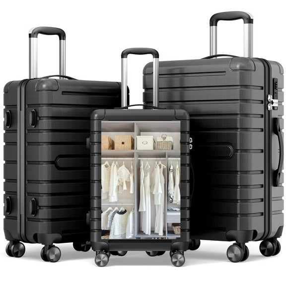 Fenbeli 3 Piece Hardshell Luggage Set, TSA Locks, ABS PC Suitcases Set with Wheels for Travel, Business, Black Gray (20"/24"/28")