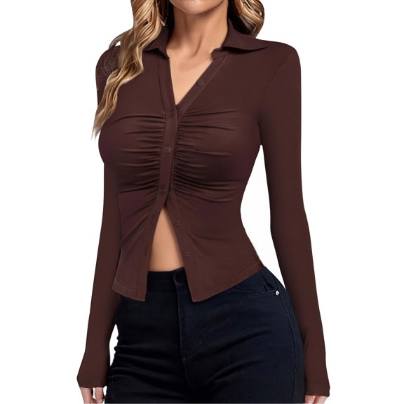 TKLPEHG Womens Button Down Shirts V Neck Collared Ruched Slim Fit Long Sleeve Shirt Casual Fall Fashion Ladies Tops (Brown,XL)