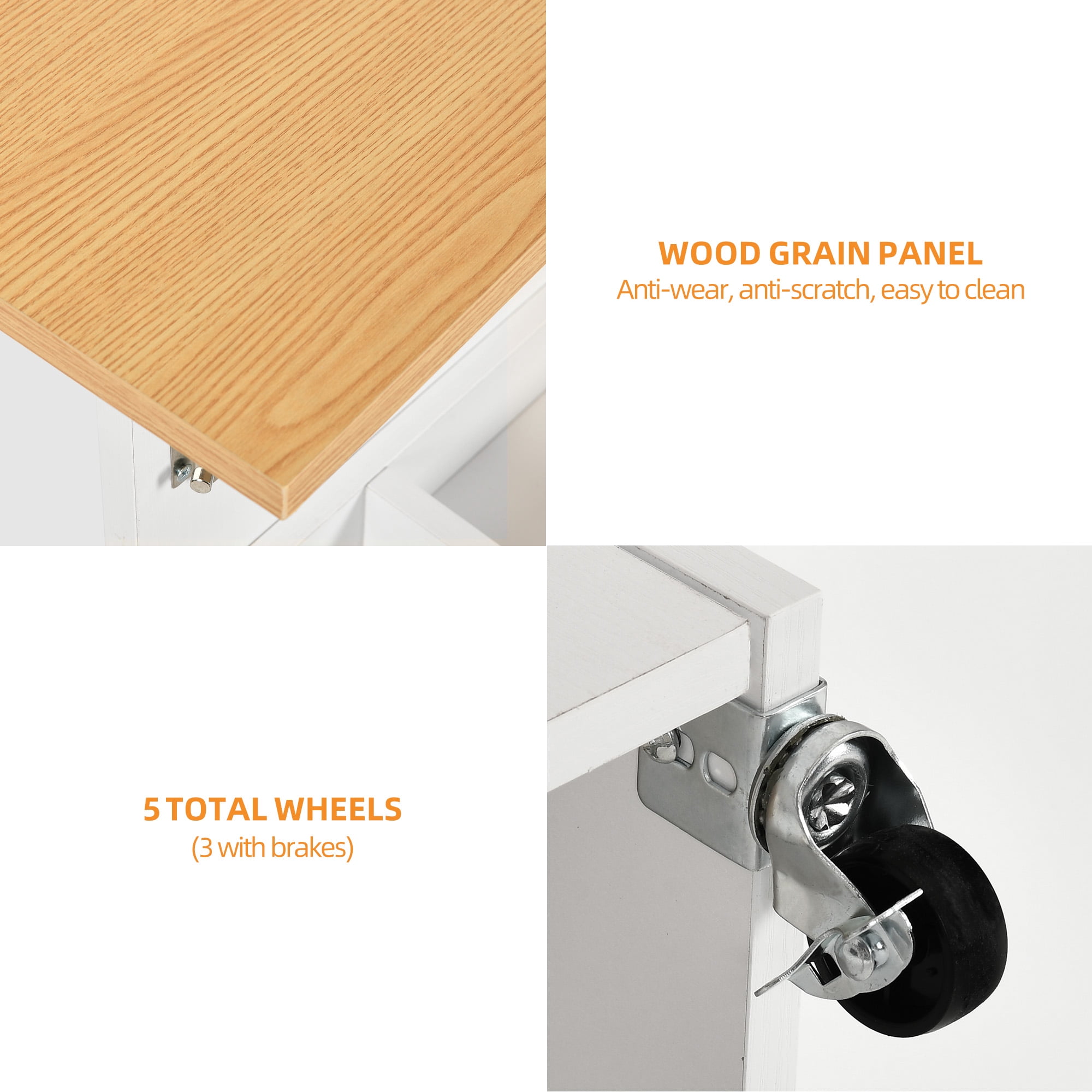 Craftian White Folding Sewing Craft Table with with Charging Station,Storage Shelves Cabinet Lockable Wheels