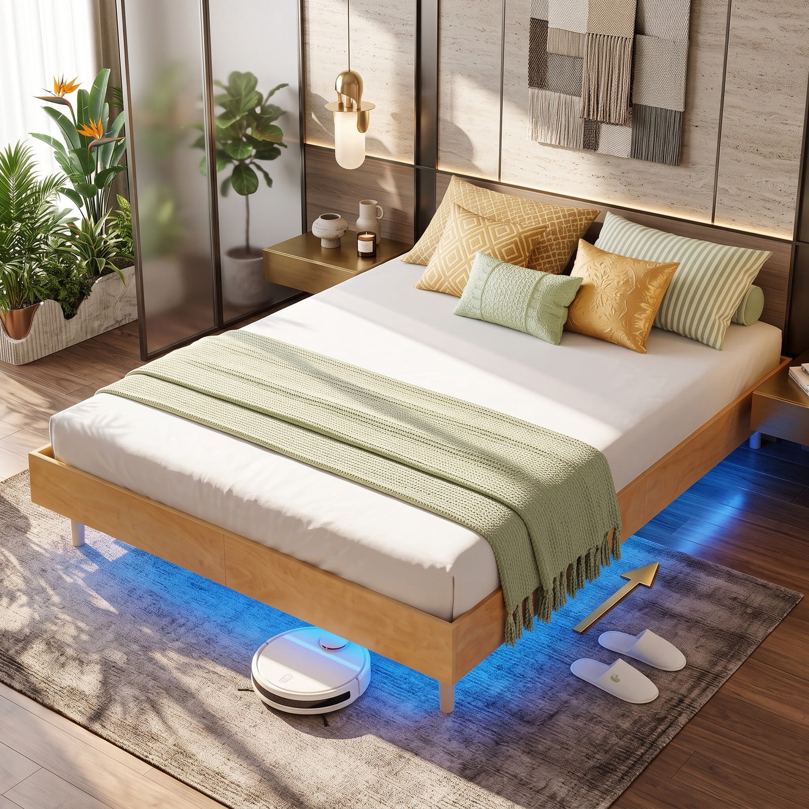 Furnibear Queen Bed Frame Floating Wood Platform Bed with RGB LED Lights and Remote Control, No Box Spring Needed, Natural