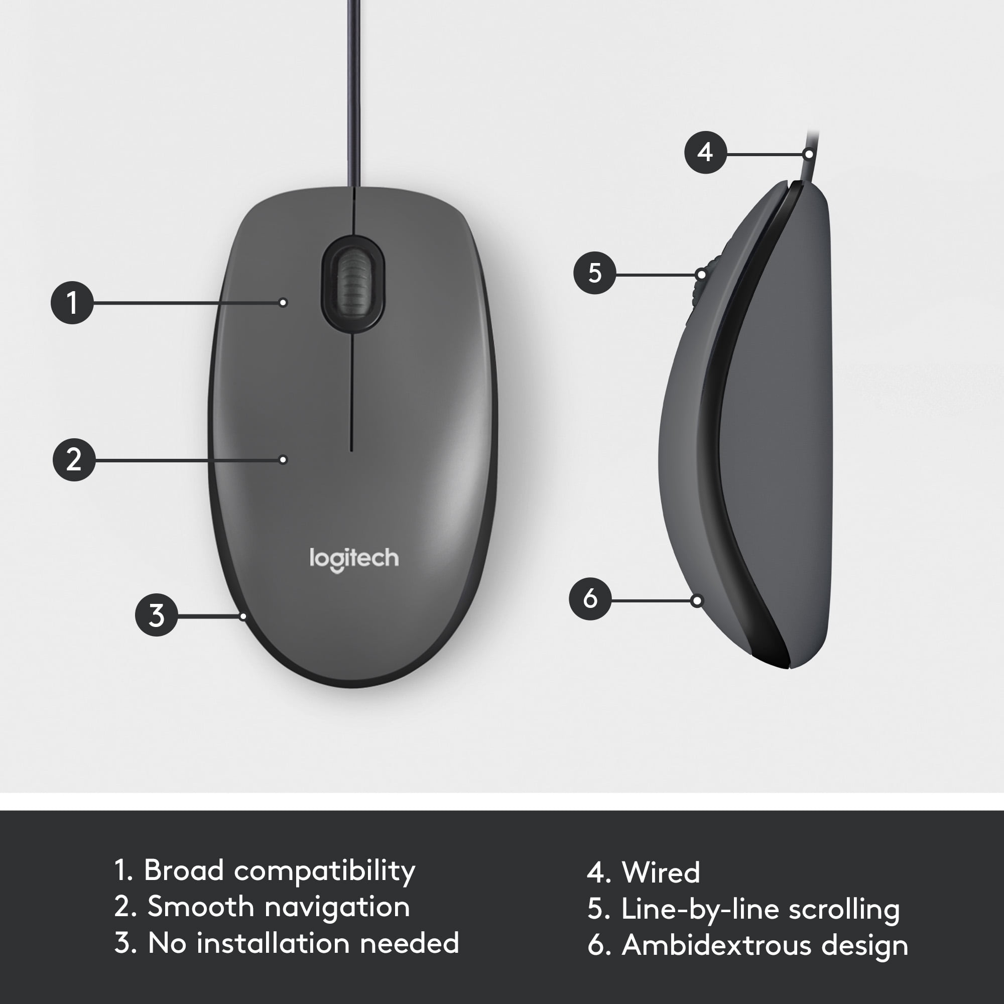 Motel behagelig For det andet Logitech M100 Wired USB Mouse, 3-Buttons,1000 DPI Optical Tracking,  Ambidextrous, Compatible with PC, Mac, Laptop, Gray - Walmart.com