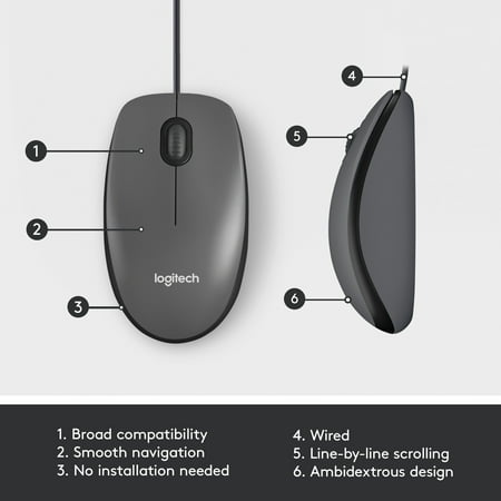 Logitech - M100 Wired Optical Ambidextrous PC Mouse with 1000 DPI Optical Tracking - Gray