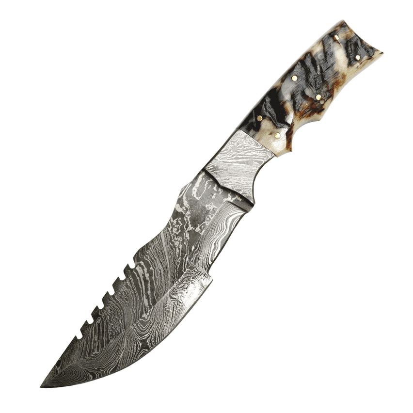 TheBoneEdge 10.5" Damascus Steel Fixed Blade Full Tang Black Ram Horn Handle Hunting Knife
