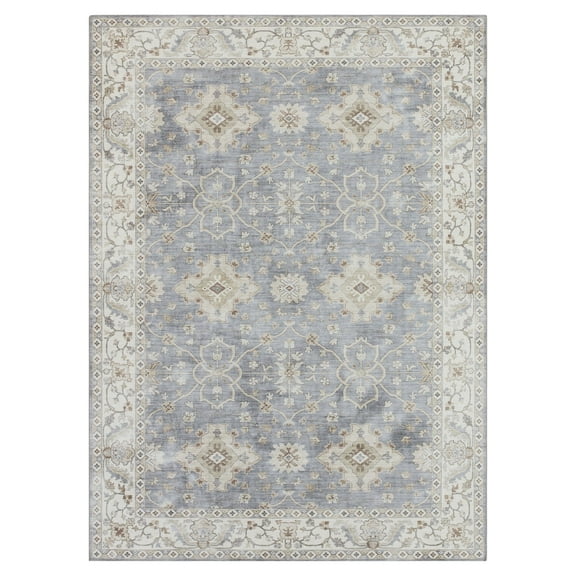 Blue/Taupe Medallion Washable Skid-Resistant Area Rug, 5' x 7'