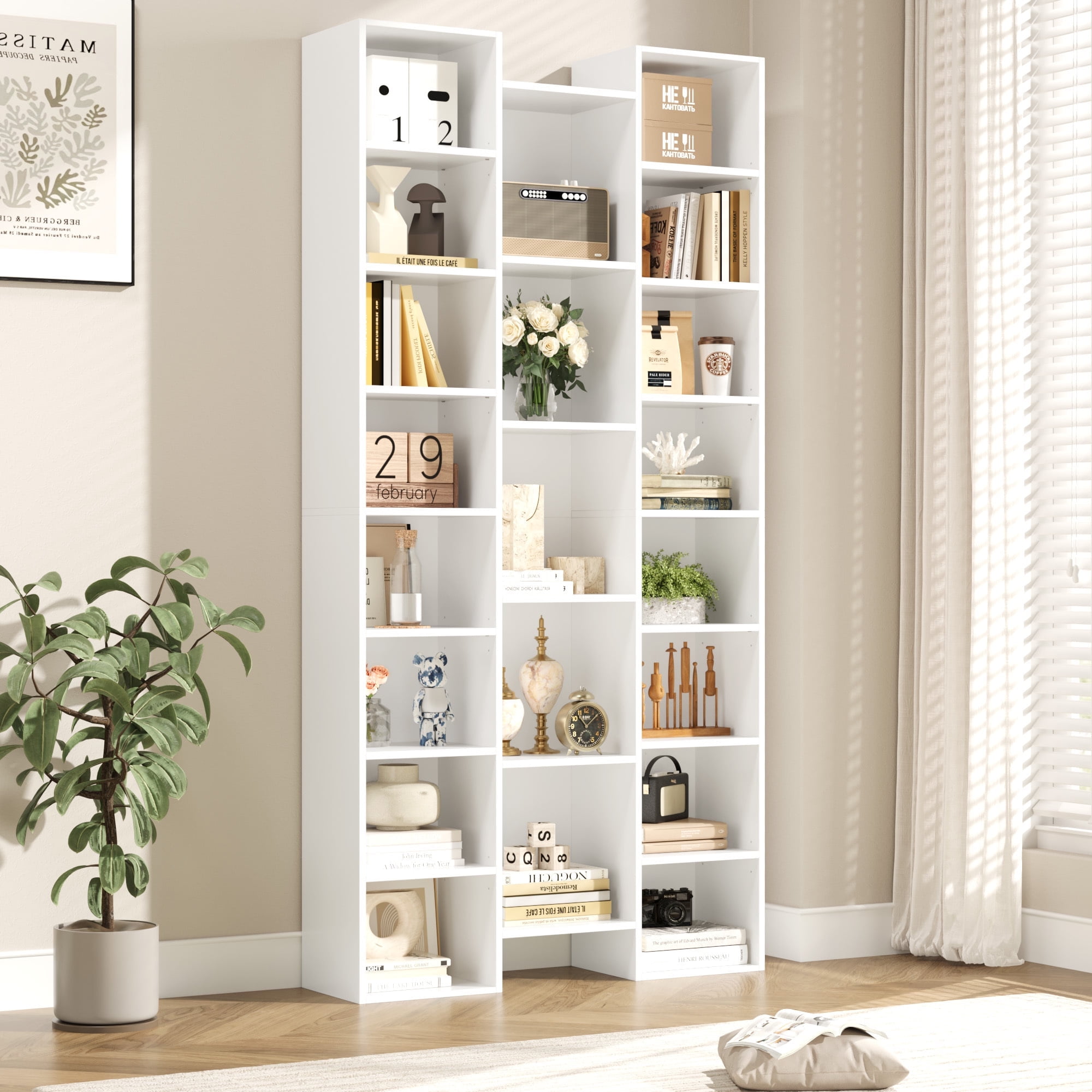 Homfa 21-Cube Bookcase, 71’’ Tall Wooden Bookshelves with Adjustable Shelves, Triple Wide CD Display Storage Organizer Shelf for Home Office, White